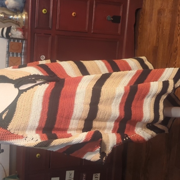 Crochet Long Poncho Multi Color Striped brown/cream/rust Hippie Festival OS - Picture 4 of 12